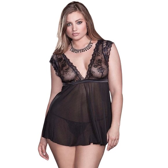 Plus Size 2X Black Babydoll Cap Sleeve Lace Open Bow Back Lingerie -8199 - Picture 4 of 9